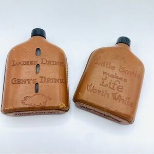 Pair Of Vintage Souvenir Leather Wrapped Glass Whiskey Flasks